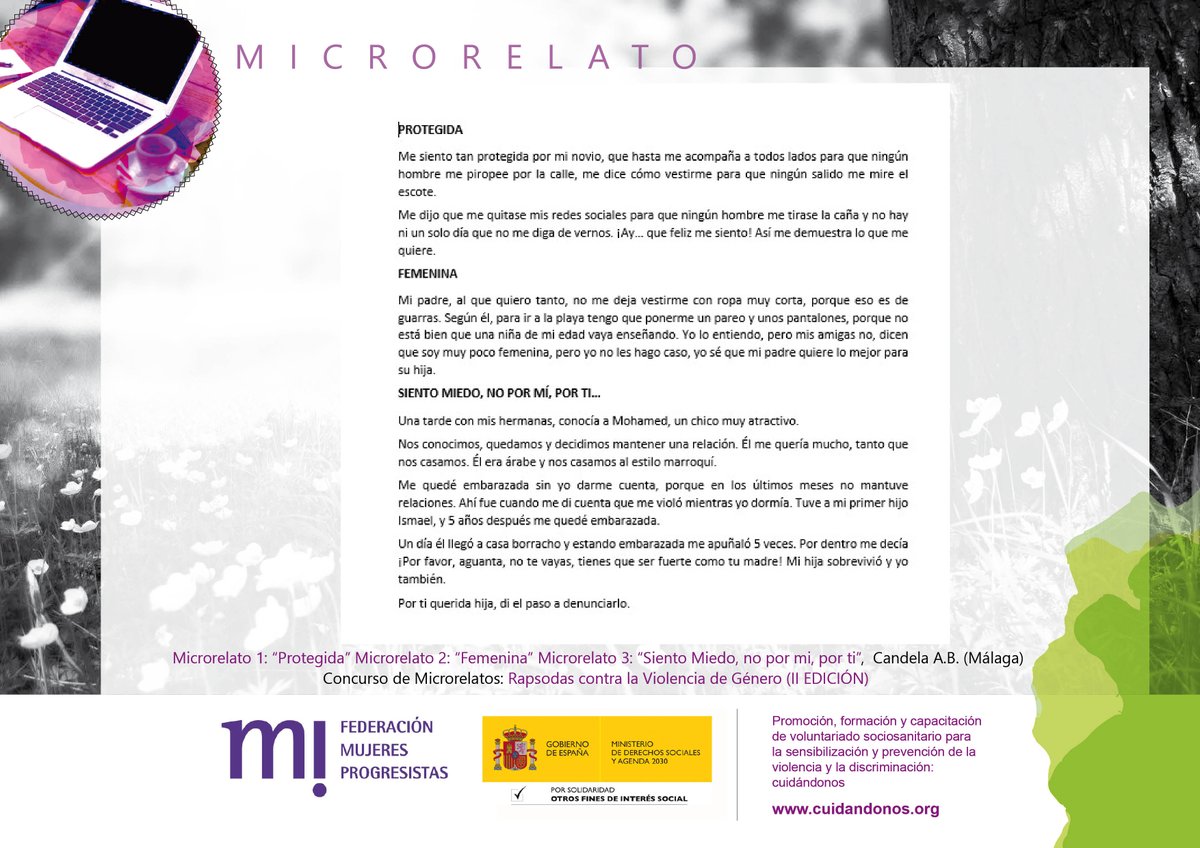fmprogresistas's tweet image. “Protegida”, “Femenina”, “Siento miedo, no por mí, por ti…”, “Ciega” y “Nota para un tóxico” con los nombres de los microrrelatos que compartimos hoy del concurso #Rapsodas contra la #violenciadegénero, que forma parte de nuestro proyecto de voluntariado #Cuidándonos.