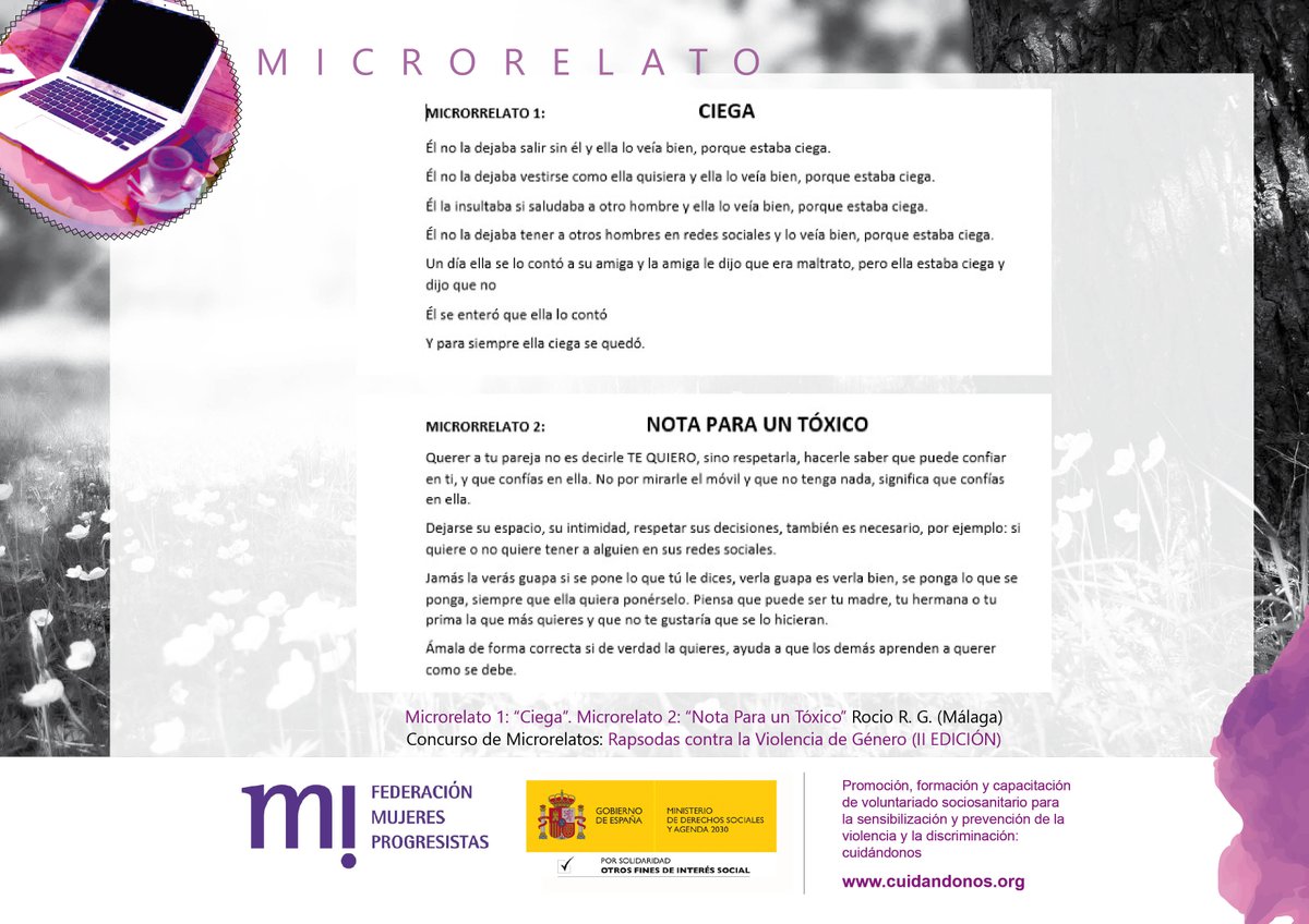 fmprogresistas's tweet image. “Protegida”, “Femenina”, “Siento miedo, no por mí, por ti…”, “Ciega” y “Nota para un tóxico” con los nombres de los microrrelatos que compartimos hoy del concurso #Rapsodas contra la #violenciadegénero, que forma parte de nuestro proyecto de voluntariado #Cuidándonos.