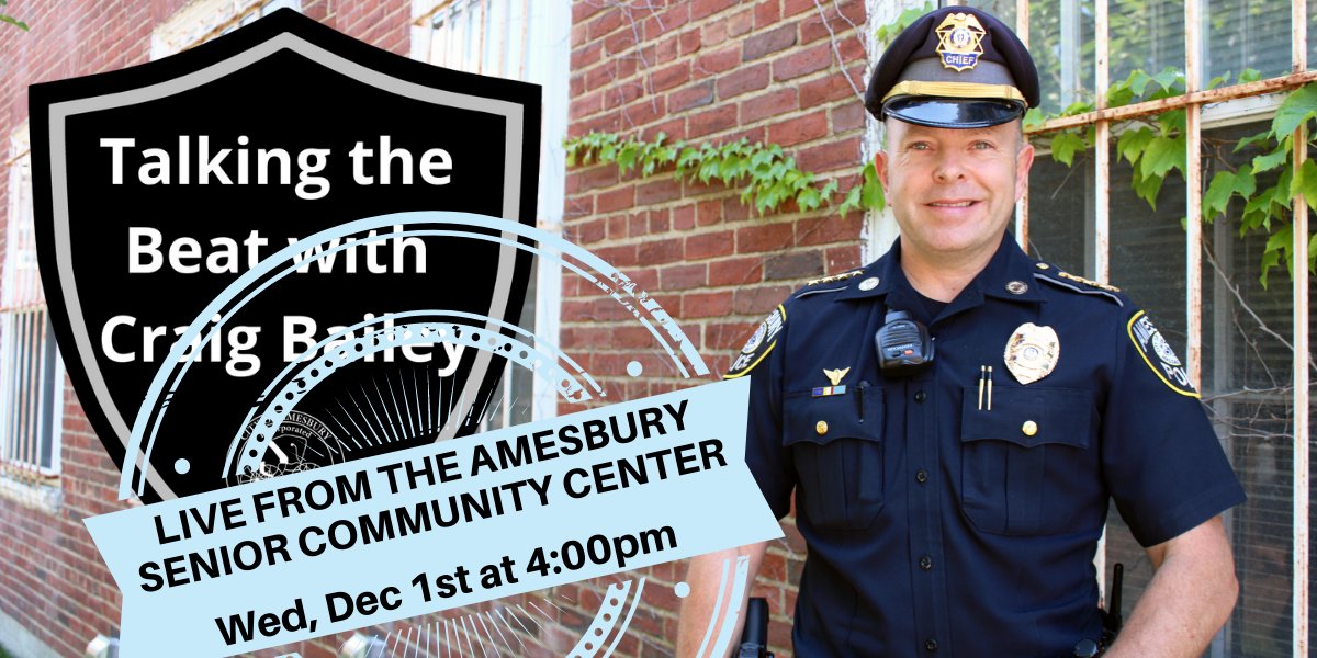Acting Chief Bailey will hold his Facebook Live at the Amesbury Senior Community Center today at 4:00pm with special guest Doreen Arnfield talking all things age friendly in Amesbury! Watch at 4pm: facebook.com/AmesburyPD