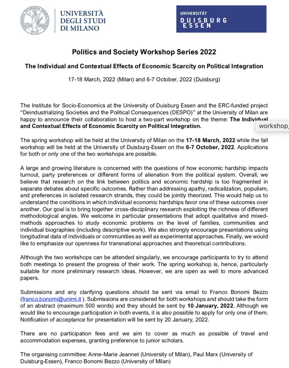 amjeannet's tweet photo. 📢 📢 📢  Call for Papers for our two-part workshop  "The Individual and Contextual Effects of Economic Scarcity on Political Integration" Milan: March 18-9 and Duisberg October 7-9 #PaulMarx @franchigia31 https://t.co/8HxDjNFWIV