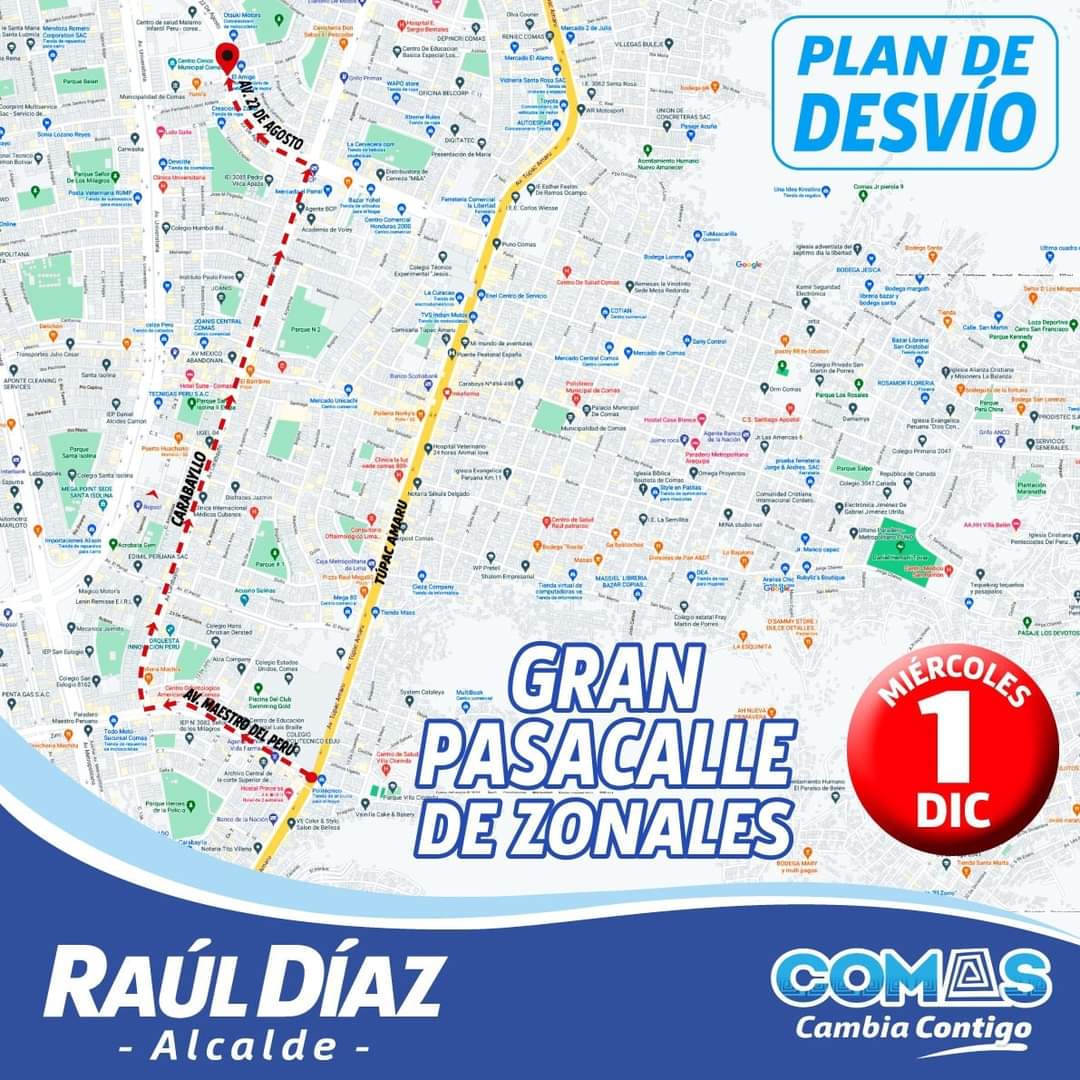 ¡Atención, vecinos! Por los 60 aniversario de nuestro distrito, la gestión municipal realizará el "Gran pasacalle de zonales". El recorrido será por las avenidas: El Maestro, Carabayllo y 22 de agosto por lo que permanecerá cerrada en horas de la mañana. Tome las rutas alternas.