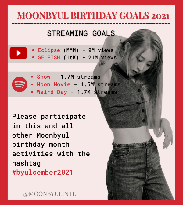 MOONBYULINTL's tweet photo. [📢] MOONBYUL'S BIRTHDAY MONTH

We're ready to kick off #byulcember2021! Are you?

Moomoos and Byulddongies, these are the goals the fanbases have set for Moonbyul's Birthday Project. 

We hope to see you guys participating and having fun ❤️

For #MOONBYUL #문별 https://t.co/AF7LjS4K2M