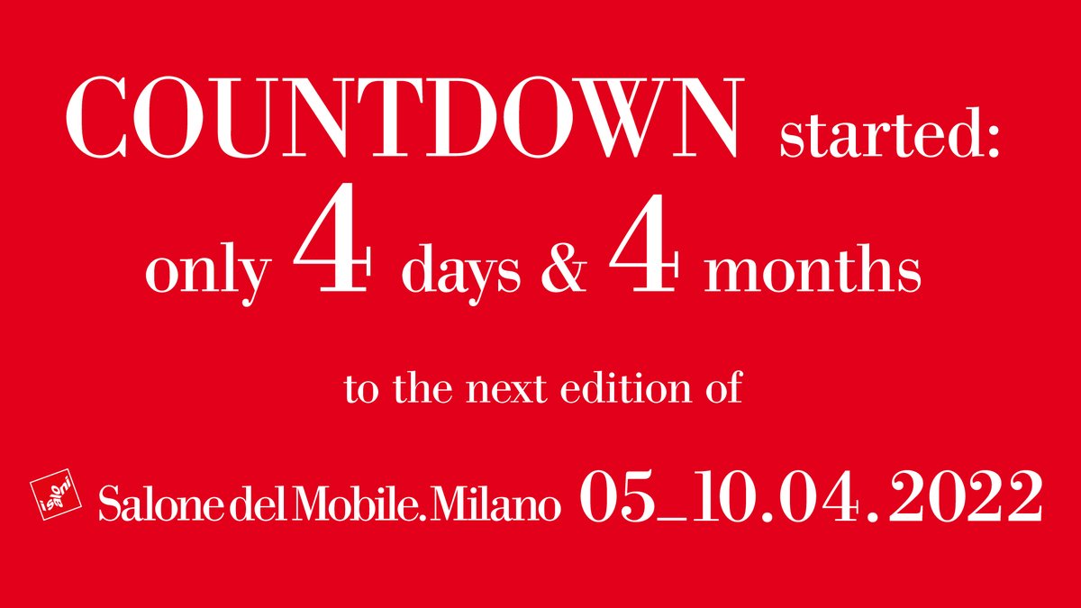 iSaloniofficial's tweet photo. We can’t wait to see you in 4 months (and 4 days!) at Rho Fiera Milano from 5th to 10th April 2022 to celebrate the 60th edition of Salone del Mobile.Milano #waitingforsalone #salonedelmobile https://t.co/uJJmmKM5hU