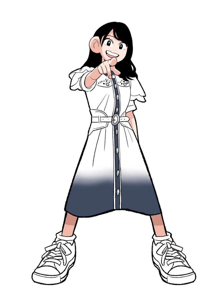 1girl solo black hair shoes smile white background dress  illustration images