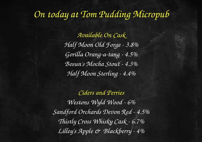 Tom Pudding Micropub (@tompuddingpub) on Twitter photo On the bar today!
Beer Board: goo.gl/NwrB6C
<a href="/halfmoonbrewery/">Half Moon Brewery</a> <a href="/BrewingGorilla/">Gorilla Brewing Co Ltd t/a Mad Ape Beer</a> @Bosunsbrewery @WestonsCiderMil <a href="/sandfordorchard/">Sandford Orchards</a> <a href="/ThistlyCross/">Thistly Cross Cider</a> <a href="/lilleyscider/">Lilley's Cider</a> <a href="/DoncasterCAMRA/">Doncaster CAMRA</a>
#RealAleFinder On the bar today!
Beer Board: goo.gl/NwrB6C
<a href="/halfmoonbrewery/">Half Moon Brewery</a> <a href="/BrewingGorilla/">Gorilla Brewing Co Ltd t/a Mad Ape Beer</a> @Bosunsbrewery @WestonsCiderMil <a href="/sandfordorchard/">Sandford Orchards</a> <a href="/ThistlyCross/">Thistly Cross Cider</a> <a href="/lilleyscider/">Lilley's Cider</a> <a href="/DoncasterCAMRA/">Doncaster CAMRA</a>
#RealAleFinder