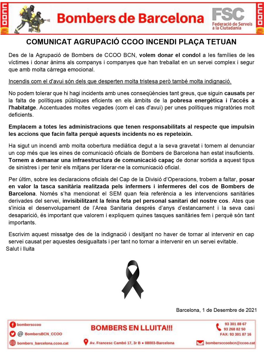 BombersBCN_CCOO's tweet photo. Comunicat de l'Agrupació de Bombers de CCOO de Barcelona sobre el fatal incendi de Plaça Tetuan.
@CCOOAJTBCN @BCN_Bombers #tetuan #incendi https://t.co/XoxtpERs4K