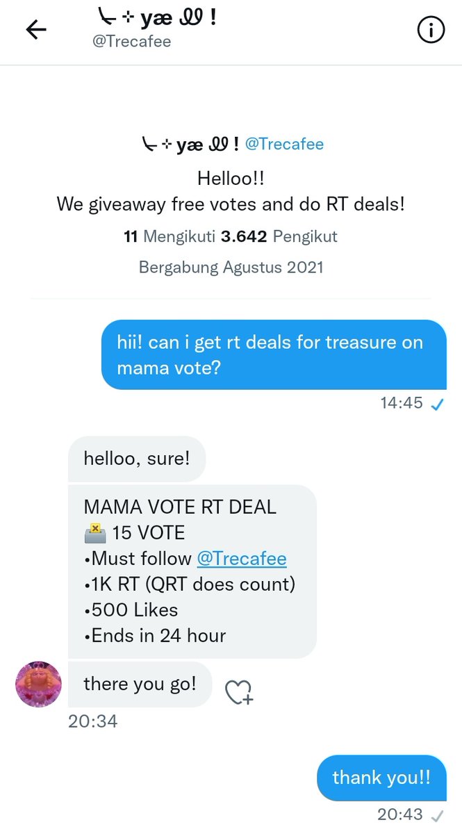 TEUME ATTENTION PLEASE‼️

I GOT A RT DEALS FROM <a href="/Trecafee/">㇏̶ ⊹ yæ Ꮺ !</a> 

FOR 15 VOTES

WE NEED:
•1K RT (qrt does count)
•500 likes 

ends in 24 hour!!