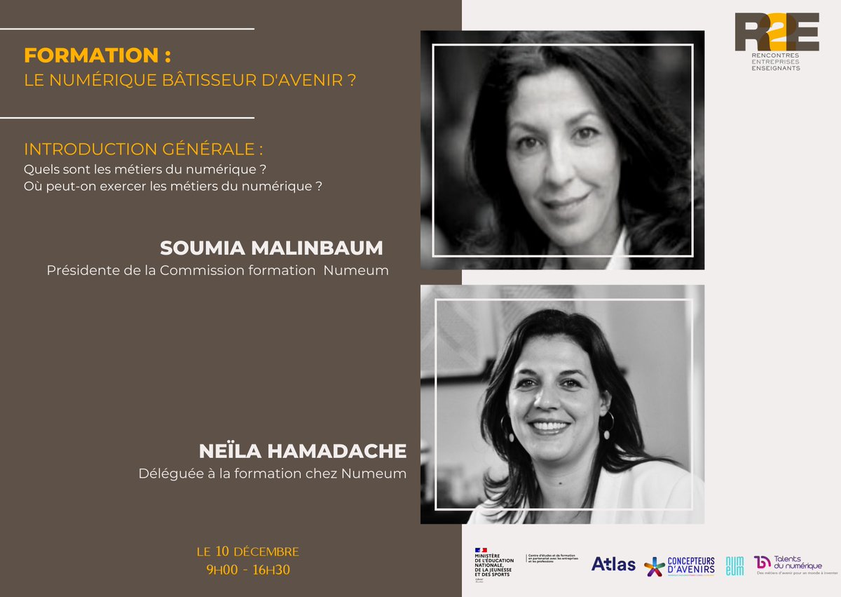 Rencontres Entreprises Enseignants (@rencontres2e) on Twitter photo 📢 #R2Eformation #CEFPEP du 10/12 le numérique : bâtisseur d'avenir ?
<a href="/soumiabm/">Soumia Malinbaum</a> introduira cette journée avec des notions clés sur les métiers du numérique, où peut-on les exercer ?
Avec <a href="/OpcoAtlas/">Opco Atlas</a> <a href="/ConceptdAvenirs/">Concepteurs d'Avenirs</a> <a href="/numeum_/">numeum</a> <a href="/talentsdunum/">Talents du numérique</a>
Inscription : bit.ly/31G42aq 📢 #R2Eformation #CEFPEP du 10/12 le numérique : bâtisseur d'avenir ?
<a href="/soumiabm/">Soumia Malinbaum</a> introduira cette journée avec des notions clés sur les métiers du numérique, où peut-on les exercer ?
Avec <a href="/OpcoAtlas/">Opco Atlas</a> <a href="/ConceptdAvenirs/">Concepteurs d'Avenirs</a> <a href="/numeum_/">numeum</a> <a href="/talentsdunum/">Talents du numérique</a>
Inscription : bit.ly/31G42aq