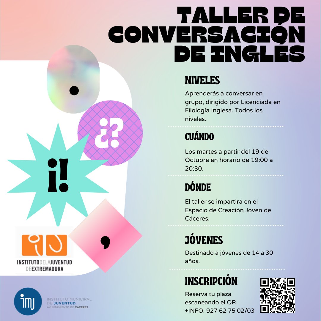 JuventudCaceres's tweet image. ‼AMPLIADO EL Nº DE PLAZAS‼
¿Estás interesado/a en mejorar tu inglés?🇬🇧🇬🇧
¿Tienes entre 14 y 30 años?, ven al #ECJcc a practicar con otros estudiantes del mismo nivel. 🗣
¿Cuándo? Los martes por la tarde de 19:00 a 20:30.
juventud.caceres.es/infojoven/tall…