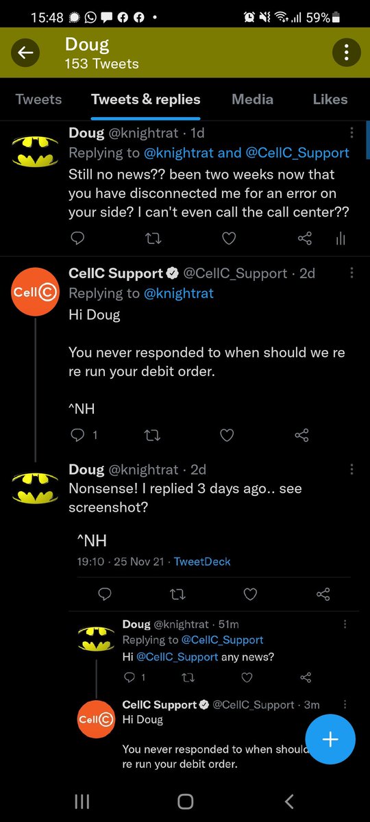 knightrat's tweet photo. @CellC_Support are you joking? see the tweets below? no answers? no resolution to my problem for almost two weeks now? https://t.co/vdEB4XV9io