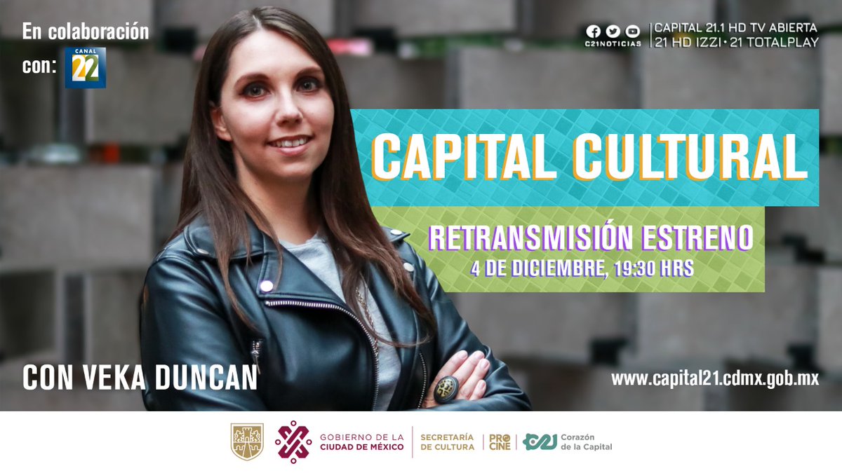 Capital21_Tv's tweet photo. #QueNoSeTePase | ¿Te perdiste el ESTRENO de #CapitalCultural?☹

Sigue la retransmisión 🔃 este sábado a las 19:30 h y disfruta un programa que reúne lo mejor del arte, arquitectura y cultura de barrio de la #CDMX, con @VekaDuncan.

Capital21, @procine_oficial y @Canal22 invitan. https://t.co/OvGeRHkEdo
