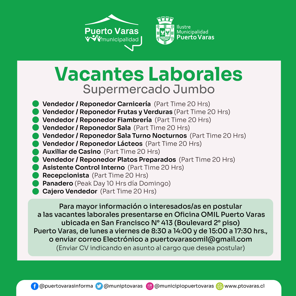 muniptovaras's tweet photo. 🧵[HILO] 1/2
#OfertasLaborales ➡Esta información es de utilidad para quienes buscan oportunidades de trabajo en #PuertoVaras

👉Recuerda que en la OMIL apoyamos tu inclusión laboral a través de asesoría en la elaboración de CV, cobro del seguro de cesantía y capacitaciones. https://t.co/gZoN1yU5IE
