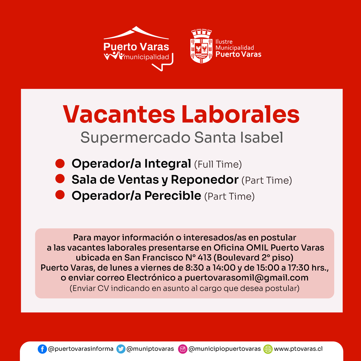 muniptovaras's tweet photo. 🧵[HILO] 1/2
#OfertasLaborales ➡Esta información es de utilidad para quienes buscan oportunidades de trabajo en #PuertoVaras

👉Recuerda que en la OMIL apoyamos tu inclusión laboral a través de asesoría en la elaboración de CV, cobro del seguro de cesantía y capacitaciones. https://t.co/gZoN1yU5IE