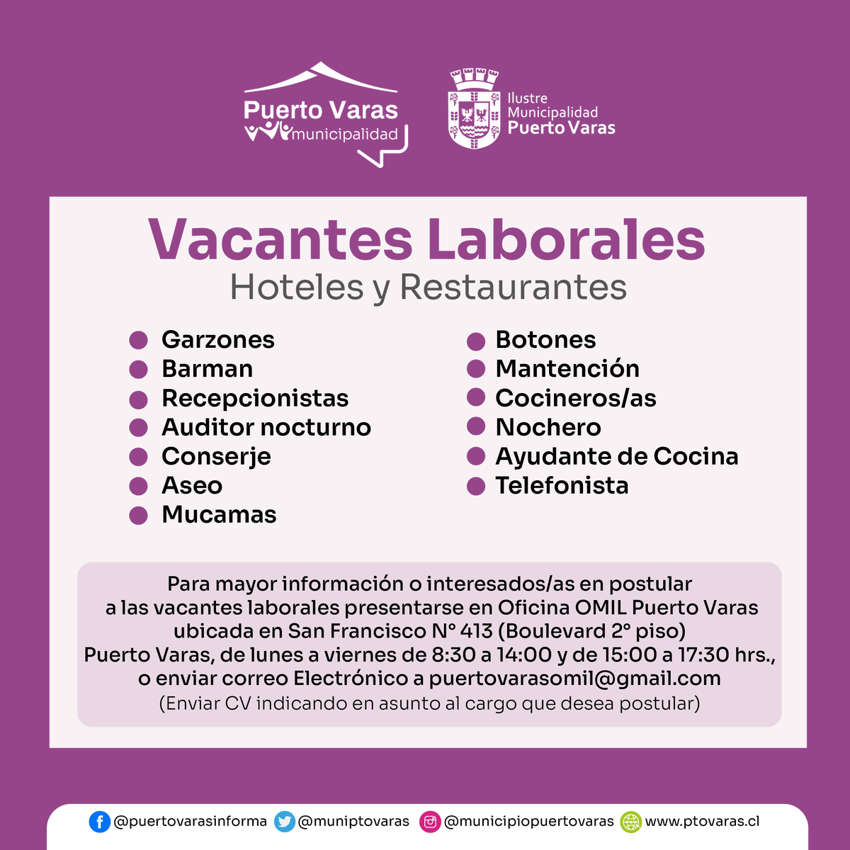 muniptovaras's tweet photo. 🧵[HILO] 1/2
#OfertasLaborales ➡Esta información es de utilidad para quienes buscan oportunidades de trabajo en #PuertoVaras

👉Recuerda que en la OMIL apoyamos tu inclusión laboral a través de asesoría en la elaboración de CV, cobro del seguro de cesantía y capacitaciones. https://t.co/gZoN1yU5IE