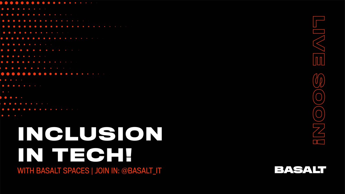 basalt_it's tweet photo. Join @lerato_zabala @chle_fromtheweb and @matiso_m as they do a deep dive discussion into INCLUSION IN TECH for tonights episode of Basalt Spaces.
Join the conversation: https://t.co/7F7gOTiXLo
#BasaltSpaces #zatech #zatechspaces #Inclusionintech https://t.co/b9inDANpo8
