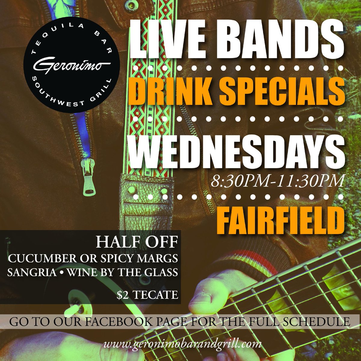 Happy Hump Day! LIVE BAND Wednesday in Fairfield tonight is Ryan Sage! Come enjoy 8:30-11:30pm 🎸

#geronimobarandgrill #tacolover #ctfoodie #tacomeme #ctfoodlovers #tacoaficionado #fairfieldct #buymetacos #betacos #ctfoodie #fairfieldcountyct #themoreyougeronimo
