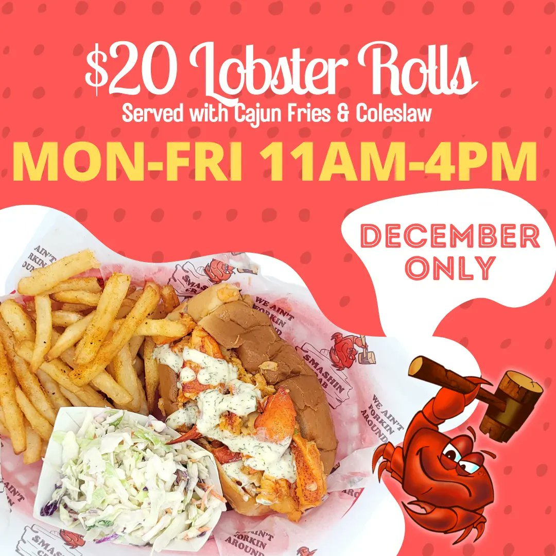smashincrab's tweet photo. Ohhhh YEAH! For the month of DECEMBER ONLY - MON-FRI 11AM-4PM
Lobster Rolls served with Cajun Fries and Coleslaw are $2️⃣0️⃣❗️
Know what you are having for lunch yet??
#smashincrab #weaintforkinaround #decemberpromos #lobsterroll https://t.co/QWCxokv1hn