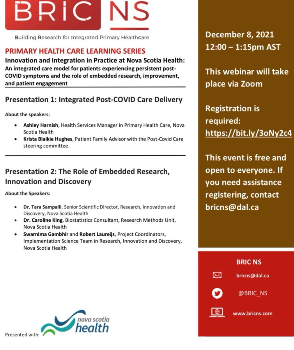 Join @BRIC_NS for the next Primary Health Care Learning Series to learn about Innovation and Integration in Practice at Nova Scotia Health   Date: December 8, 2021 Time: 12:00 – 1:15pm AST   This webinar will take place via Zoom.  Registration is required: bit.ly/3oNy2c4