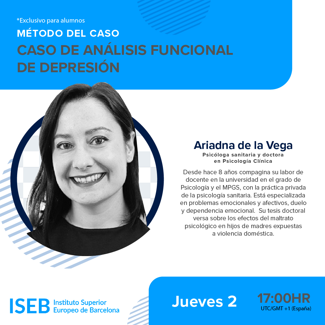 iseb_es's tweet photo. En este método del caso abordaremos el análisis funcional del caso de Marta, #veterinaria de 34 años y residente en Reino Unido 🇬🇧 que presenta sintomatología depresiva importante.
Acceso desde el campus virtual 📲
#ISEB #psicologia #mastersonline #metododelcaso #metodologia https://t.co/7FPkCO7swr