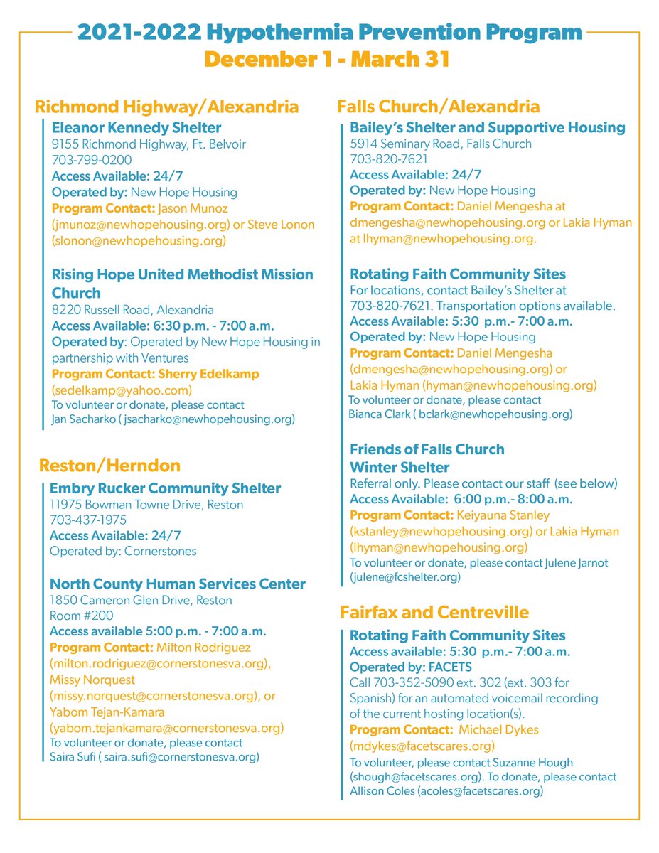 It might not be the 1st day of winter, but December 1st is the start of the Hypothermia Prevention Programs across Northern Virginia. If you know someone in need of shelter, please share this site or these flyers. If you see someone in need, please call.  ow.ly/3CQM50H0OZy