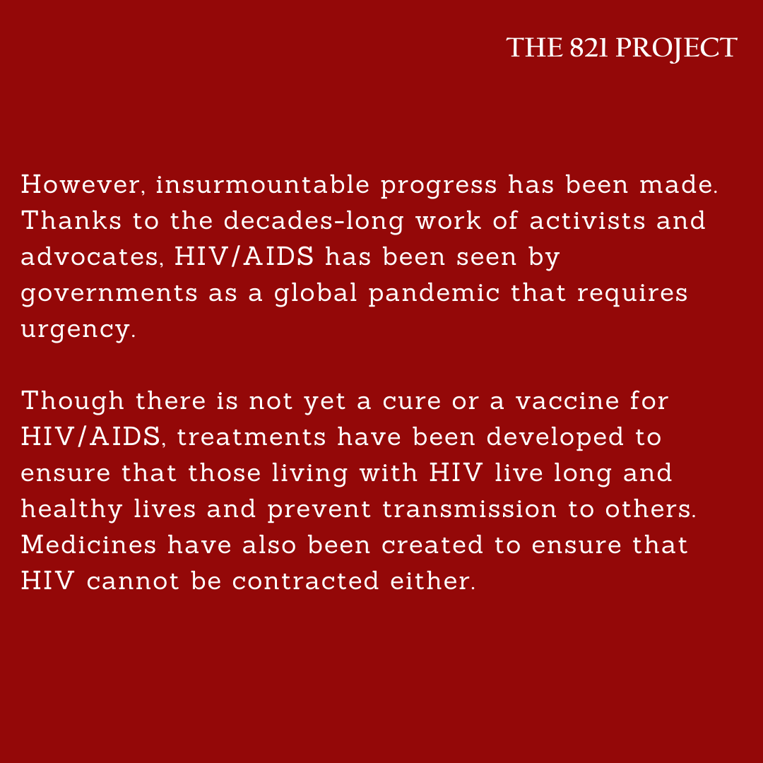 821Project's tweet image. The 821 Project wishes to recognize World AIDS Day. We stand in solidarity with those impacted by HIV/AIDS, memorialize those who have passed, and uplift local and global advocates leading the fight against this decades long pandemic. #WorldAIDSDay