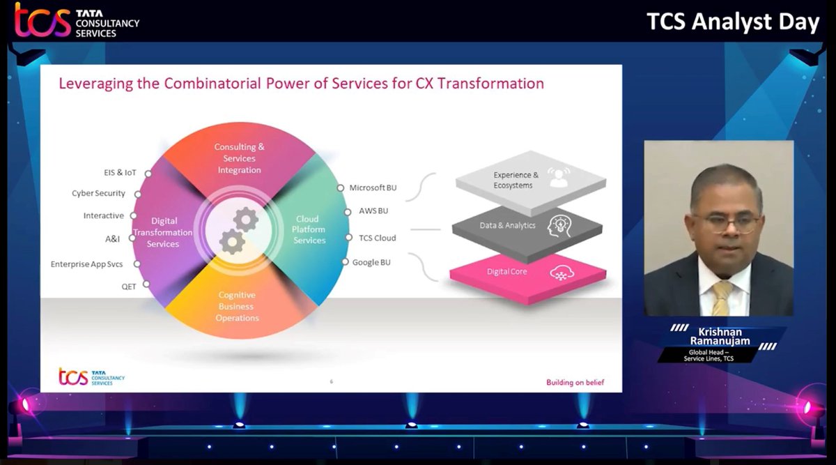 It is not about just about any one technology or any one aspect of service that’s being delivered but it’s the ability of the services to converge and ensuring a #CustomerExperience outcome - <a href="/kramanuj/">Krishnan Ramanujam</a> #TCSAnalystDay. #Buildingonbelief