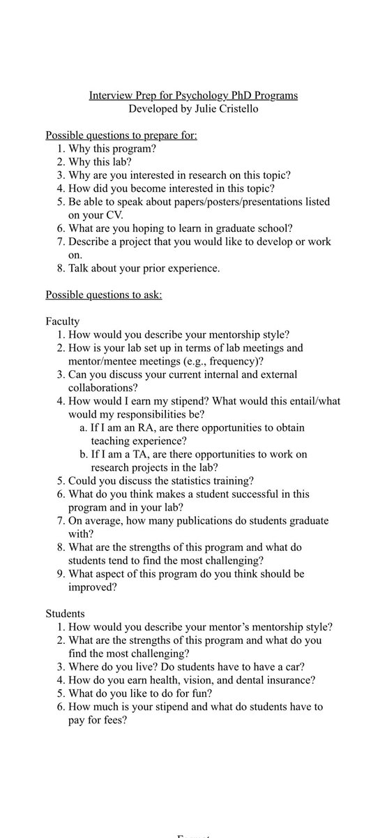 julie_cristello's tweet photo. Just submitted psychology graduate school applications? Time to start prepping for interviews! Here’s a list of sample questions that may be helpful when preparing. Feel free to distribute or add! @AcademicChatter @PsychChatter https://t.co/CnirQ6nCbu