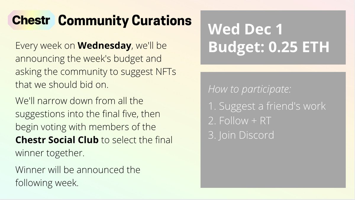 Start of a new month, and a new round of Community Curations!!

Share the work of someone you admire (not your own!), and we'll curate a final piece together. 

Let's build a culture of mutual support 🔥🔥