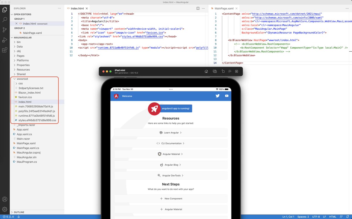 samidip's tweet image. Little hack'ish, but I can take a full compiled #Angular app & render it inside a #DotNetMAUI app. 🎉
#BlazorWebView aka WebView2/WKWebView does not care. 
.NET code would need to talk to NG code over Interop.
Not as nice as #Blazor which runs on the same .NET. 😇