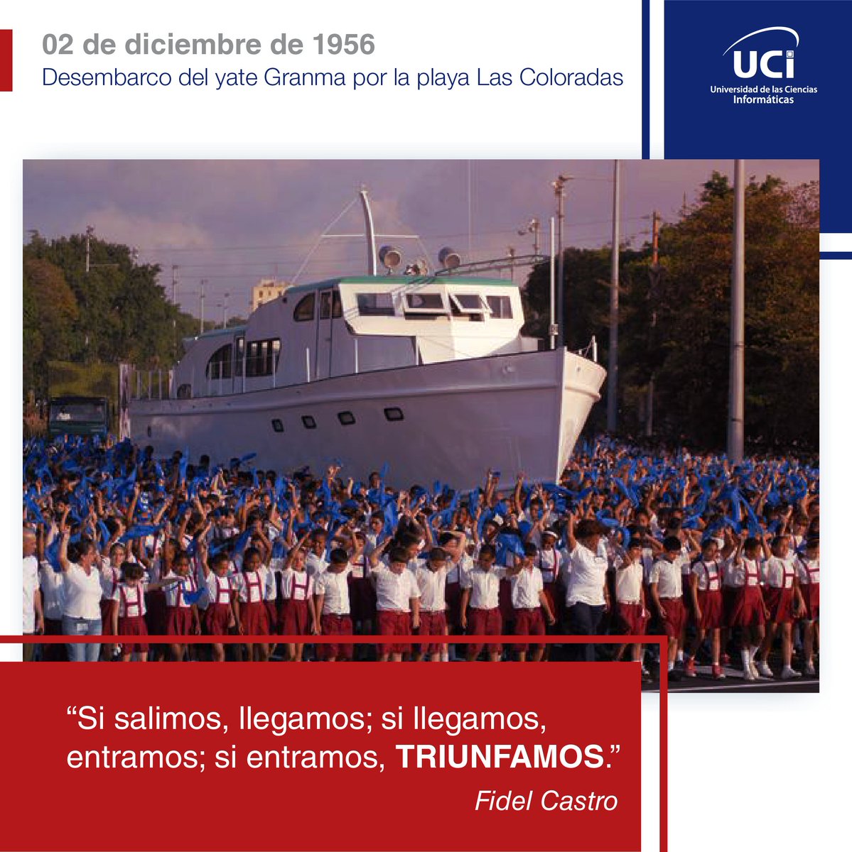 universidad_uci's tweet photo. Con la firmeza del compromiso de: “si salimos llegamos, si llegamos entramos, si entramos triunfamos”, el 2 de diciembre de 1956 desembarcó el yate Granma por playa #LasColoradas, iniciando así una nueva y decisiva etapa de la #Revolución. #SomosContinuidad @CubaMES @MinfarC https://t.co/CyNrLpFT1v