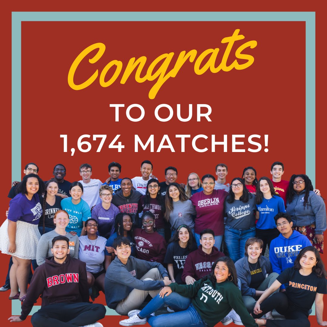 QuestBridge's tweet image. Congratulations to all 1,674 Finalists who matched this year! This is a record number of full four-year scholarships awarded by our 45 college partners. 🎉 Tag @QuestBridge in your Match Day posts so we can share your amazing accomplishment!