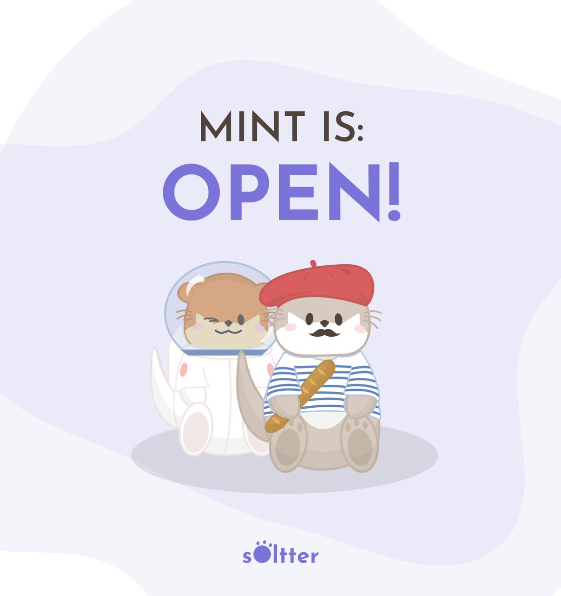 Soltters's tweet photo. Otter frens! 🦦

The mint is... OPEN!!! 

👉 https://t.co/Nfj3xgkd4P

Don't forget to show us the Soltter you get! 😍✨

#SolanaNFT #SolanaNFTs #NFTdrop #NFTlaunch #NFTCommunity #NFTCollector #NFTCollectibles #NFTart #NFTcollection https://t.co/Jhg4OWkAAM