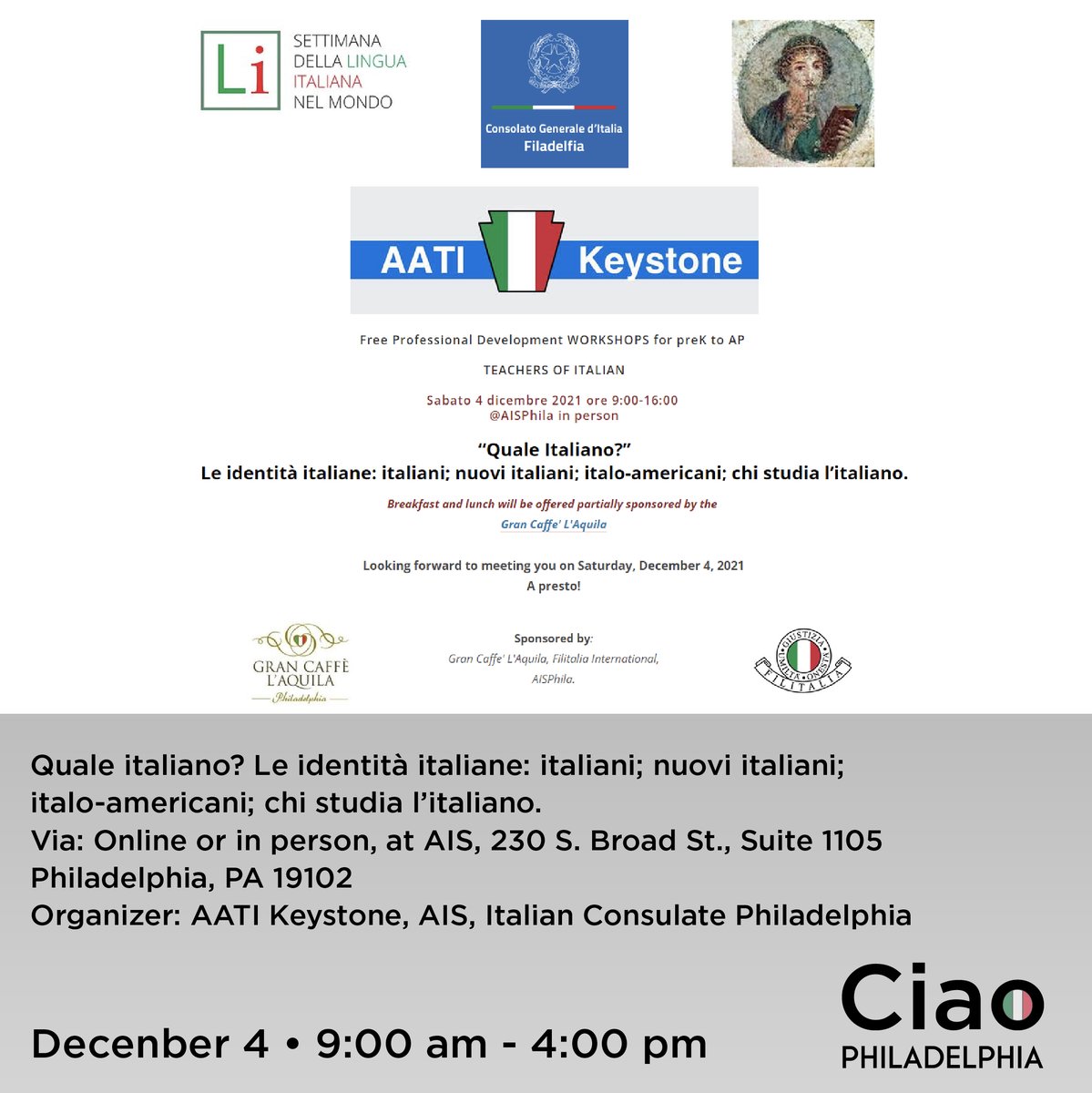 We invite you to join us for Quale italiano? Le identità italiane: italiani; nuovi italiani; italo-americani; chi studia l’italiano on Saturday, December 4 from 9 am – 4 pm, click the link in our bio to register!