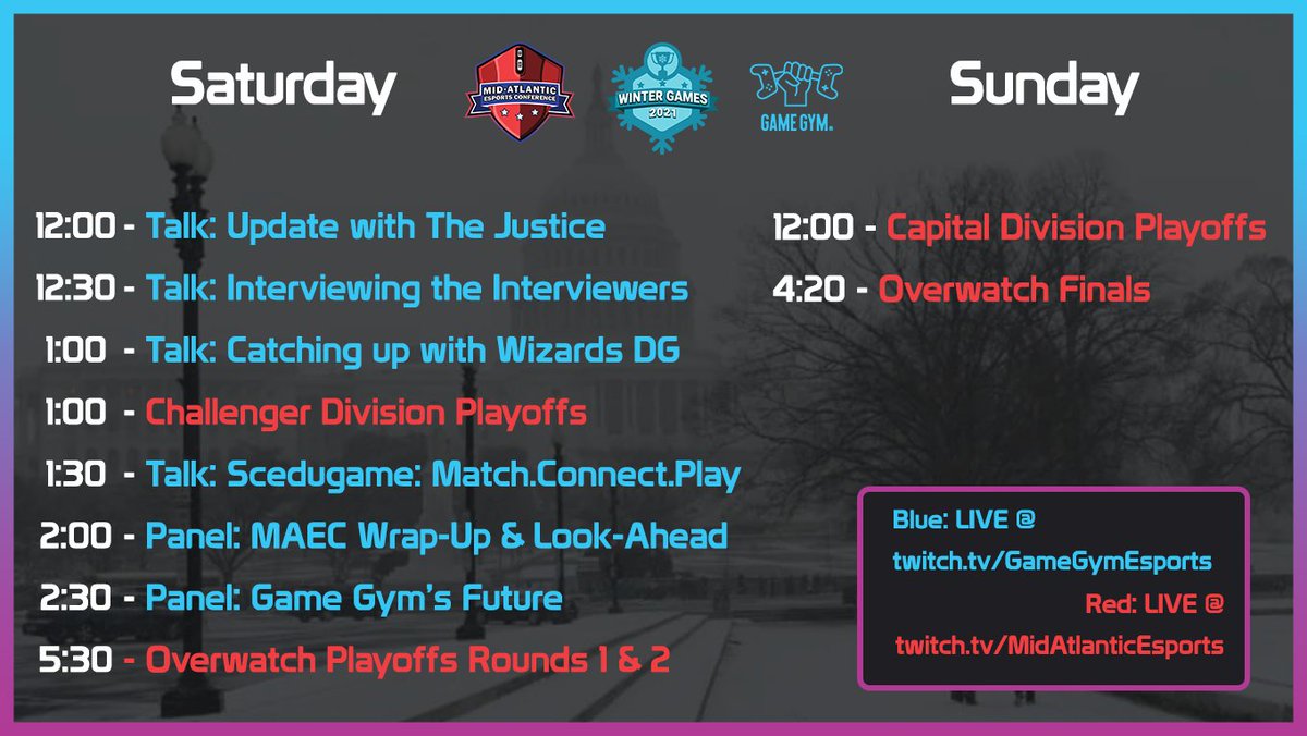 Hot off the press!

Check out the #DMVWinterGames21 schedule and be sure to join us THIS Saturday 🙌🏼

✅ industry guest speakers
✅ exciting tourneys
✅ #HyperX gear giveaways

All to raise $ for <a href="/ChildrensNatl/">Children's National Hospital 🏥</a> gaming therapy? What's not to love 😎

💻 gamegym.com/winter-games-2…