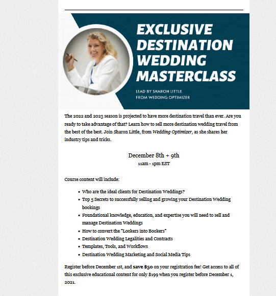 homebasedforum's tweet photo. Learn how to sell more destination wedding travel from the best of the best. Join Sharon Little, from Wedding Optimizer, as she shares her industry tips and tricks!✈️💍

Use code TSMG and receive $50 OFF registration starting TODAY! 💸

REGISTER NOW!👉 https://t.co/835CkdlpWM https://t.co/kpbYWiENFx