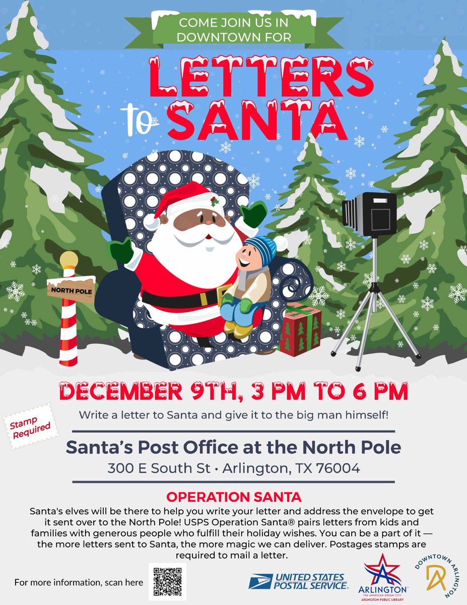 ArlingtonTXLib's tweet photo. Do your kiddos have their letters to Santa ready? 🎅✉️

Join Santa and his elves on Thursday, Dec. 9, from 3 to 6 p.m., at @USPS 📬 300 E South St., in downtown #arlingtontx. Elves will be there to help families write their letters and send them off to the North Pole! 🎄🎁 https://t.co/k1QVPDGL9J