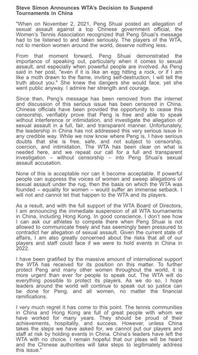 BREAKING: WTA announces decision to suspend its tournaments in China due to the ongoing Peng Shuai situation.

From Steve Simon: