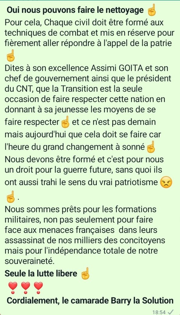 Madbarry2's tweet photo. @GoitaAssimi Message d'un simple citoyen, patriote, à M. le président de la Transition, chef de l'��tat, son excellence Assimi GOITA : voir les images... https://t.co/SRdQ8RhzVg