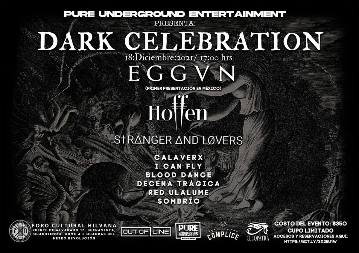 Recuerden que no sólo estaremos nosotros, sino también otras bandotas como: #Hoffen, #ICanFly, #BloodDance, #StrangersAndLovers, #Sombrío #Calaverx #DecenaTrágica y #EGGVN que estará dando su primera presentación en México. Esto es el #DarkCelebration ¡no se lo pierdan, amigos!