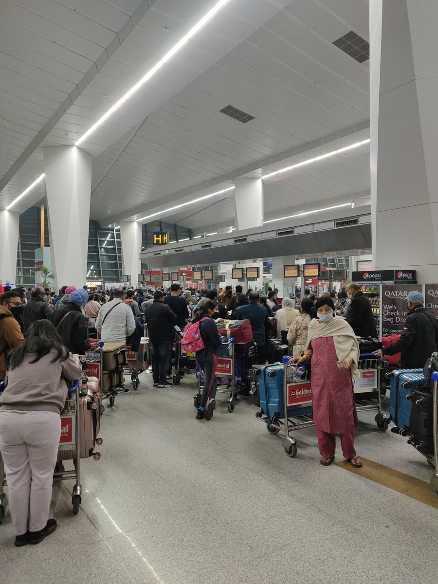 HipperChipper's tweet photo. What the hell is going on at your Delhi airport check in counter @qatarairways ?? We've been in a queue for over an hour and have barely moved a couple of inches. Massive mismanagement! Will most certainly hold you accountable if we miss our flight today; QR579. https://t.co/BxHOTAZk5w