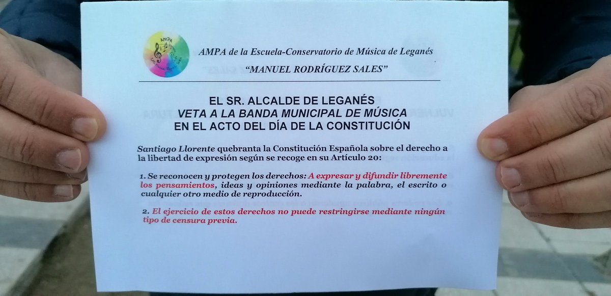 CENSURA #Leganés propia de otros tiempos👇🏼
🙊 <a href="/psoe_m/">PSOE Madrid</a> y @Cs_Madrid, con pacto de gobierno, vetan la actuación de los alumnos de Escuela Conservatorio en el Acto del día de la #Constitucion por pedir profesores 😳
#vergüenza de PACTO
Nos ayudas a difundir? RT