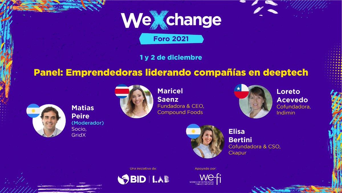 Mañana nuestra Cofundadora <a href="/Loresinfin/">Loreto Acevedo</a> estará en el panel: Emprendedoras liderando compañías en deeptech de #WeXchange2021, evento que reúne #EmprendedorasSTEM, mentores, inversores y expertos del ecosistema emprendedor.
Inscripciones en wexchange.co