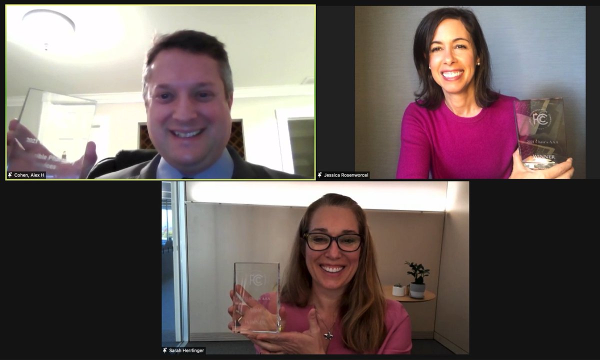 Chairwoman Jessica Rosenworcel is in the top right corner and presenting awards it to the winners of the 2021 FCC Chair’s Awards for Advancement in Accessibility. In the left corner is Dr. Alex Cohen from Accessible Pharmacy holding up their award, and in the center you have Sarah Herrlinger from Apple accepting their award.