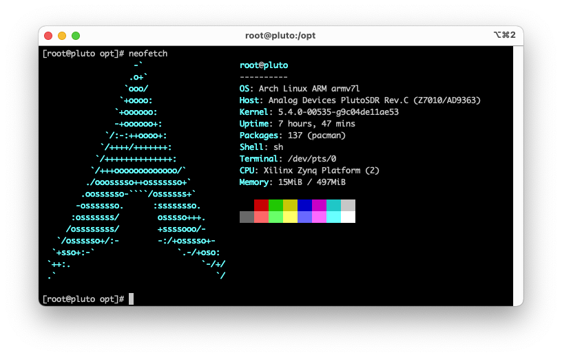 Screenshot of a terminal, showing neofetch display system information of a ArchLinux ARM system on a PlutoSDR