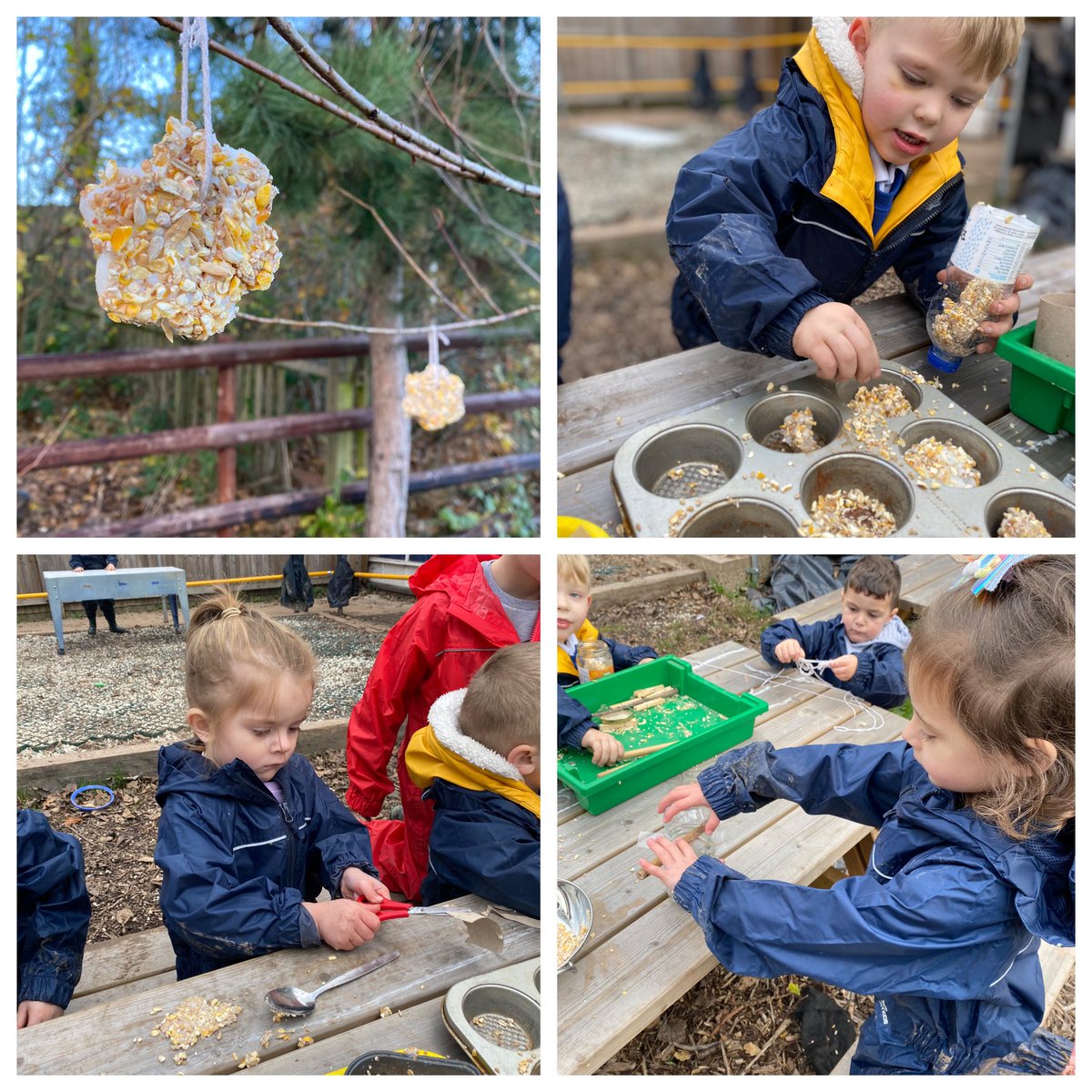 Nursery class decided last week that they would like to attract more birds to our Forest School. The children thought they might like to eat seeds so we set about making bird feeders to hang in the trees #RSPBWildChallenge