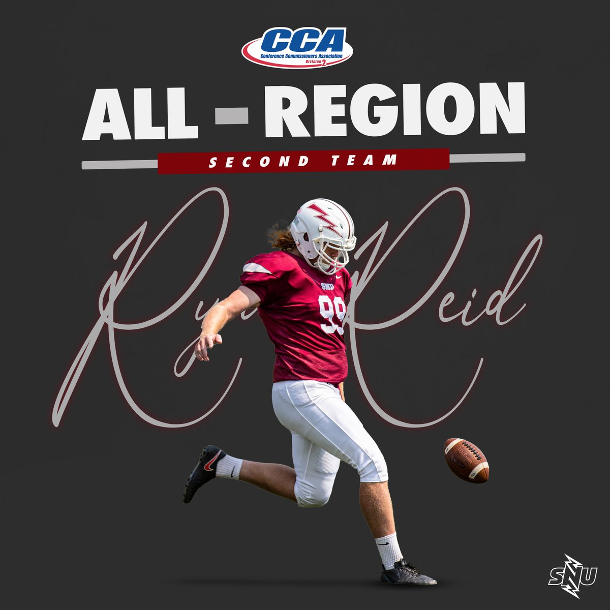 SNUAthletics's tweet photo. Another award for @SNUFootball's @Ryan_Reid99 who was named to the D2CCA All-Central Region Second Team!

#BoltsUp⚡️ https://t.co/FwEBR10Lht