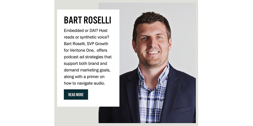 VeritoneOne's tweet photo. Our SVP Growth, Bart Roselli, has a lot to say about the evolution of #audio advertising from 'serial' to #syntheticvoice. 

Read about the KEY strategies and tactics he offers for multichannel #audioadvertising via @TheContinuum2 here: https://t.co/H4Xnhdb4xC https://t.co/UgqzXmTLyX