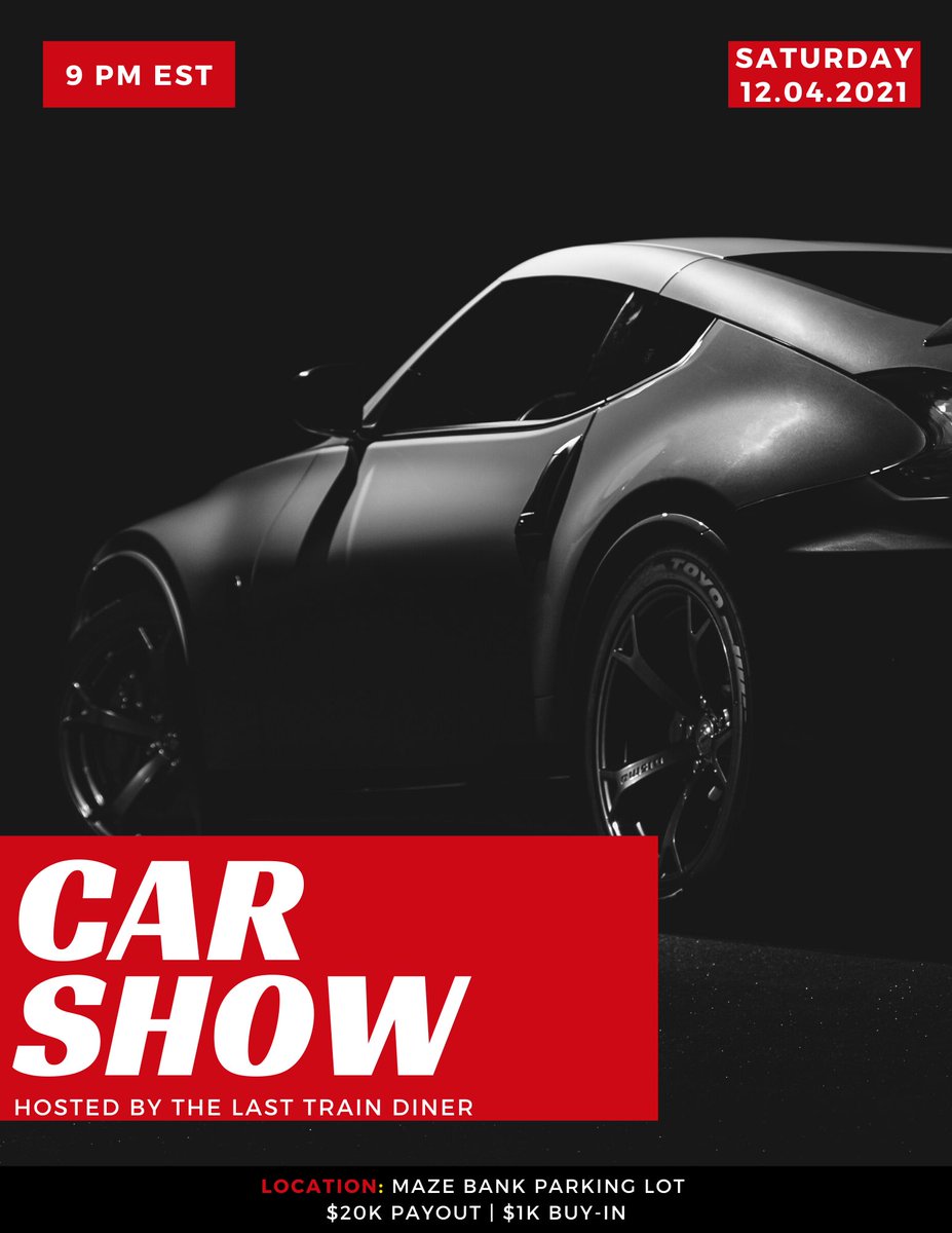 Prestigious5M's tweet photo. $1k buy in fee!
$20k payout? ๐
Saturday evening 12/4/21 9PM EST
Car show hosted by The Last Train Diner! Maze Bank Parking Lot! Be there!
#PreRp | #CarShow https://t.co/rxz9DYbvs5