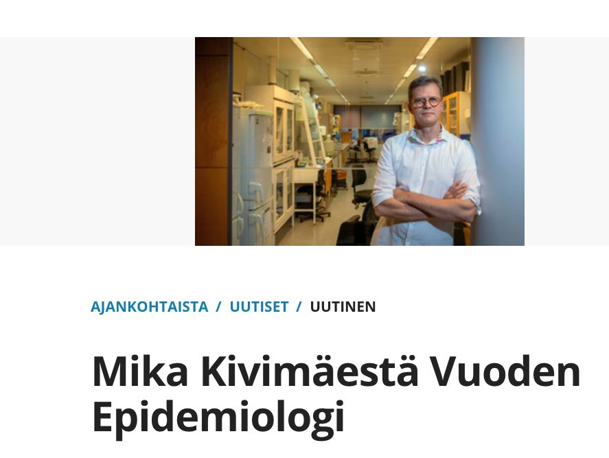 rrenkone's tweet photo. Professori Mika Kivimäki Helsingin yliopistosta, University College Londonista ja Työterveyslaitokselta on valittu vuoden 2021 epidemiologiksi.
Kivimäen tutkimus kohdistuu laaja-alaisesti kansantautien riskitekijöihin. @helsinkiuni @ucl @THLorg @FINepidemiology @reijula https://t.co/f9sPcCJ0oj