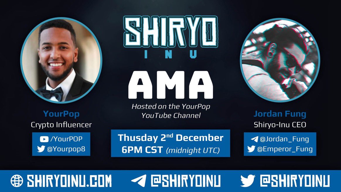 Shiryo_Official's tweet photo. Delighted to announce an AMA with @Yourpop8 and our CEO @Emperor_Fung Tomorrow at 6 PM CST. Looking forward to see the Wolfpack tune in! Feel free to comment down below questions you might have! https://t.co/9dnREAJ3wW  
#ShiryoInu https://t.co/f48C2IeFrx